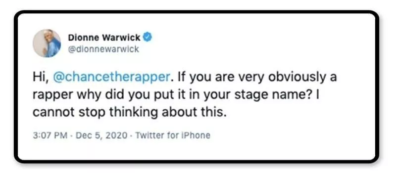 Dionne Warwick tweet about Chance the Rapper's stage name