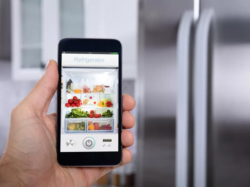 Person Operating Refrigerator With Mobile Phone