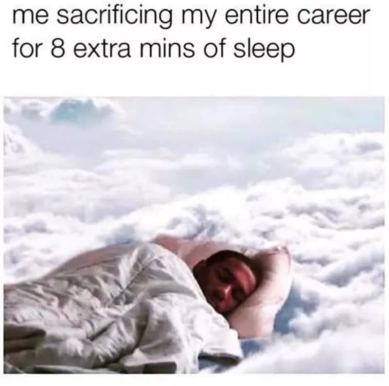 Me sacrificing my entire career for 8 extra mins of sleep meme