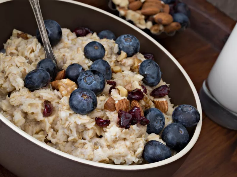 Bowl Of Oatmeal And A Glass Of Milk