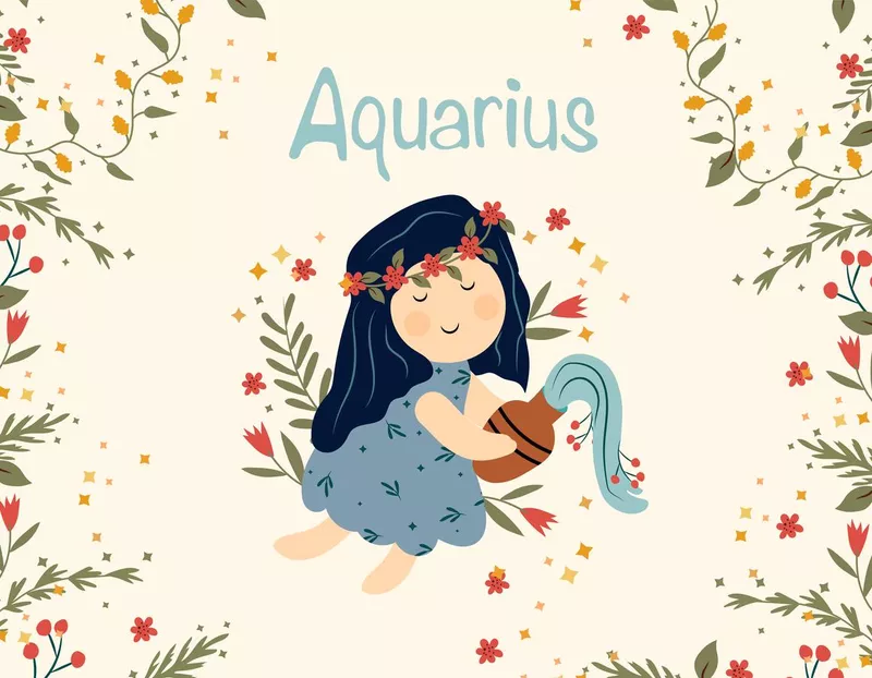 Aquarius zodiac sign. Cute banner with A girl holding a vase of water, stars, flowers, and leaves. Astrological Aquarius sign of the zodiac. Vector illustration.