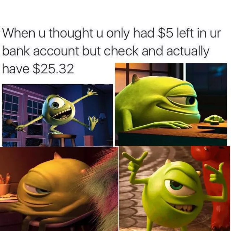 Mike Wazowski checking his bank account