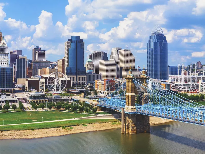 Cincinnati Ohio skyline with John Roebling bridge aerial view