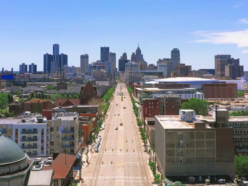 Aerial view of Detroit city with Woodward ave