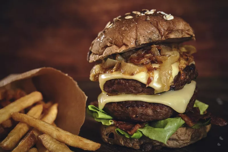 Whole Grain Burger with Bacon, Roasted Onions Served with French Fries