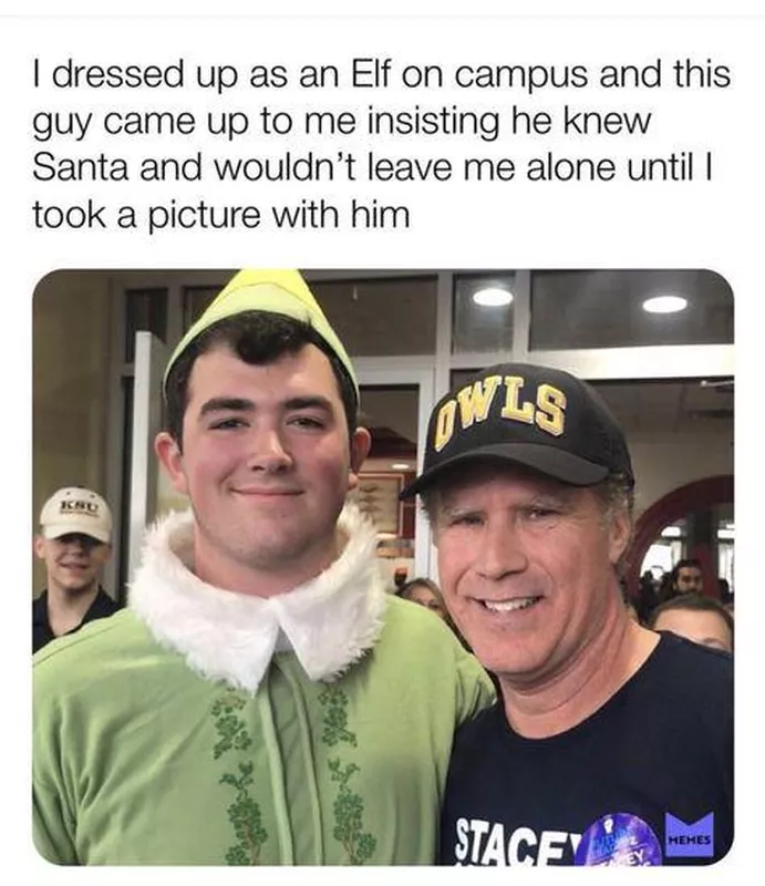 Man dressed up as Elf meeting Will Ferrell