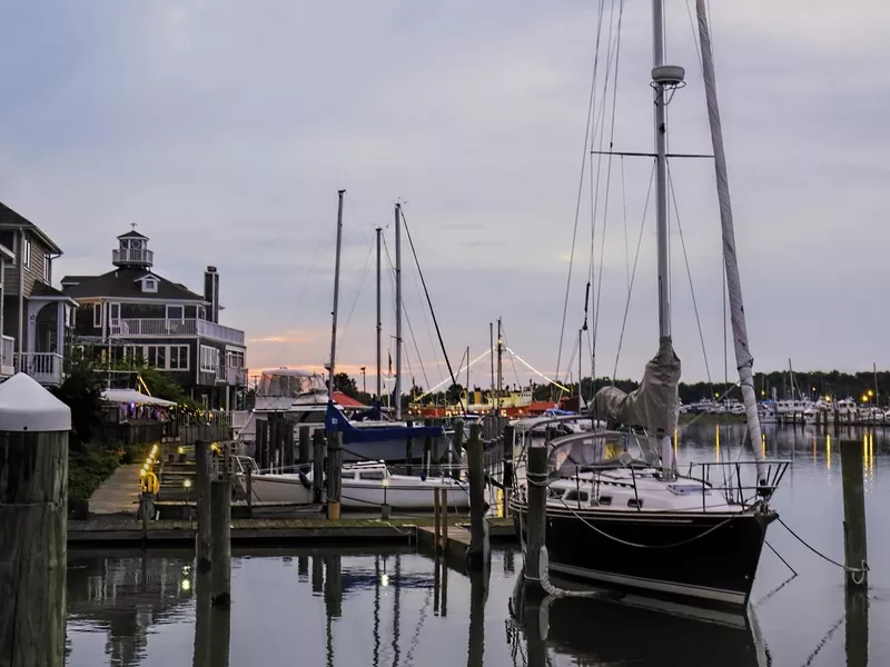 The waterway in historic Lewes, Delawate at dusk