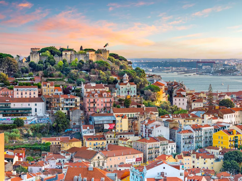 Lisbon, Portugal skyline at Sao Jorge Castle at sunset