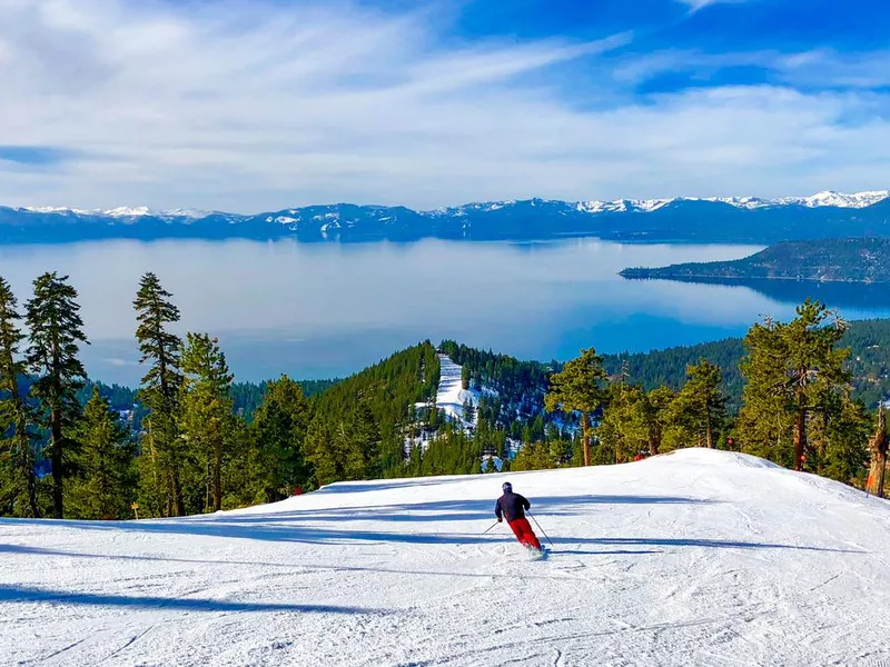 Alpine skiing above Lake Tahoe on the Nevada California border, USA