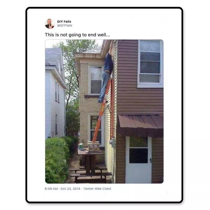 Man standing on dangerous homemade ladder