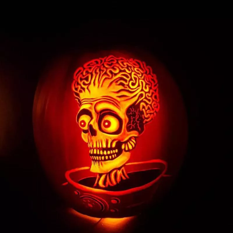 Mars Attacks skull with a brain jack-o’-lantern face