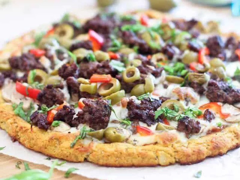 Cauliflower Crust Pizza With Ground Beef and Green Olives