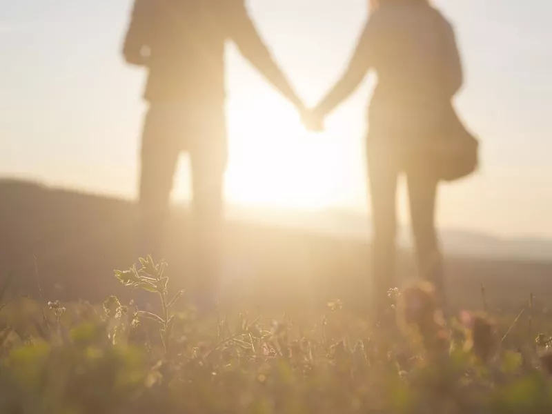 couple holding hands and looking at sunset