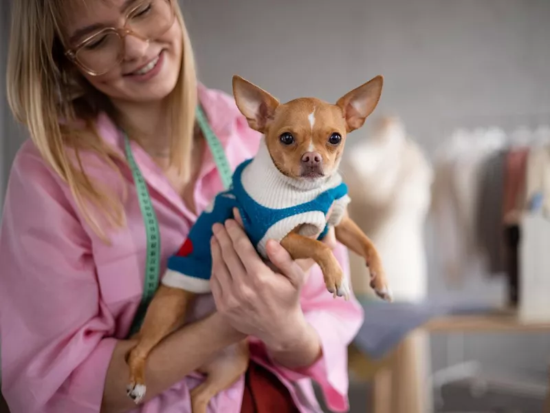 Young female clothes designer posing with her pet