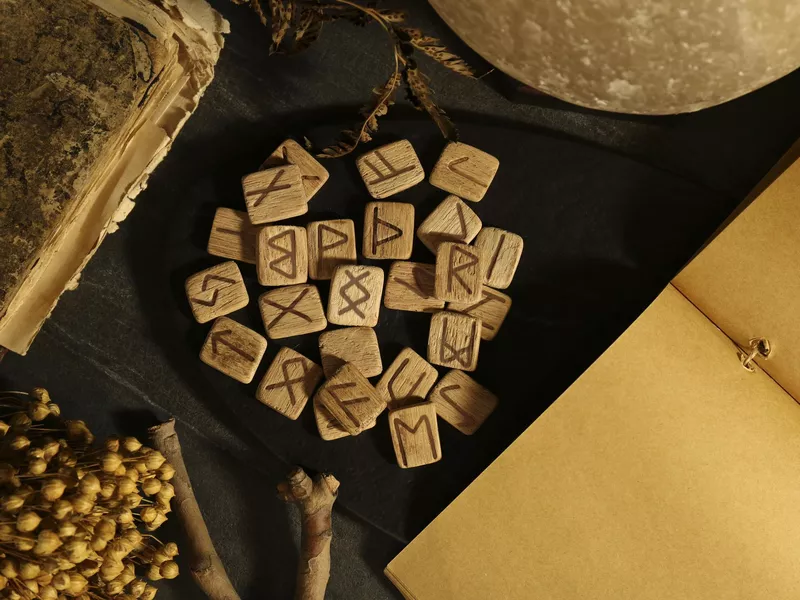 Wooden runes, dried flowers and old book on black table, flat lay