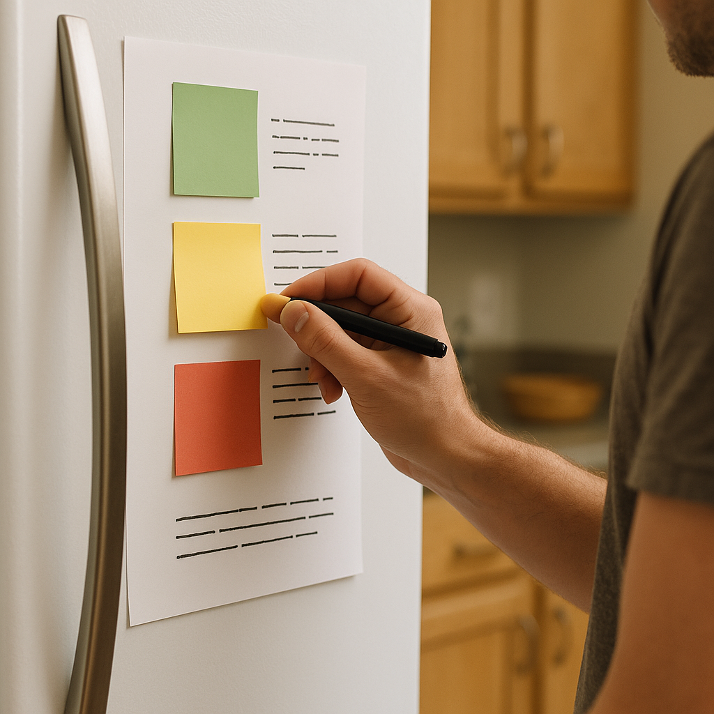 The sticky-note dial on the fridge