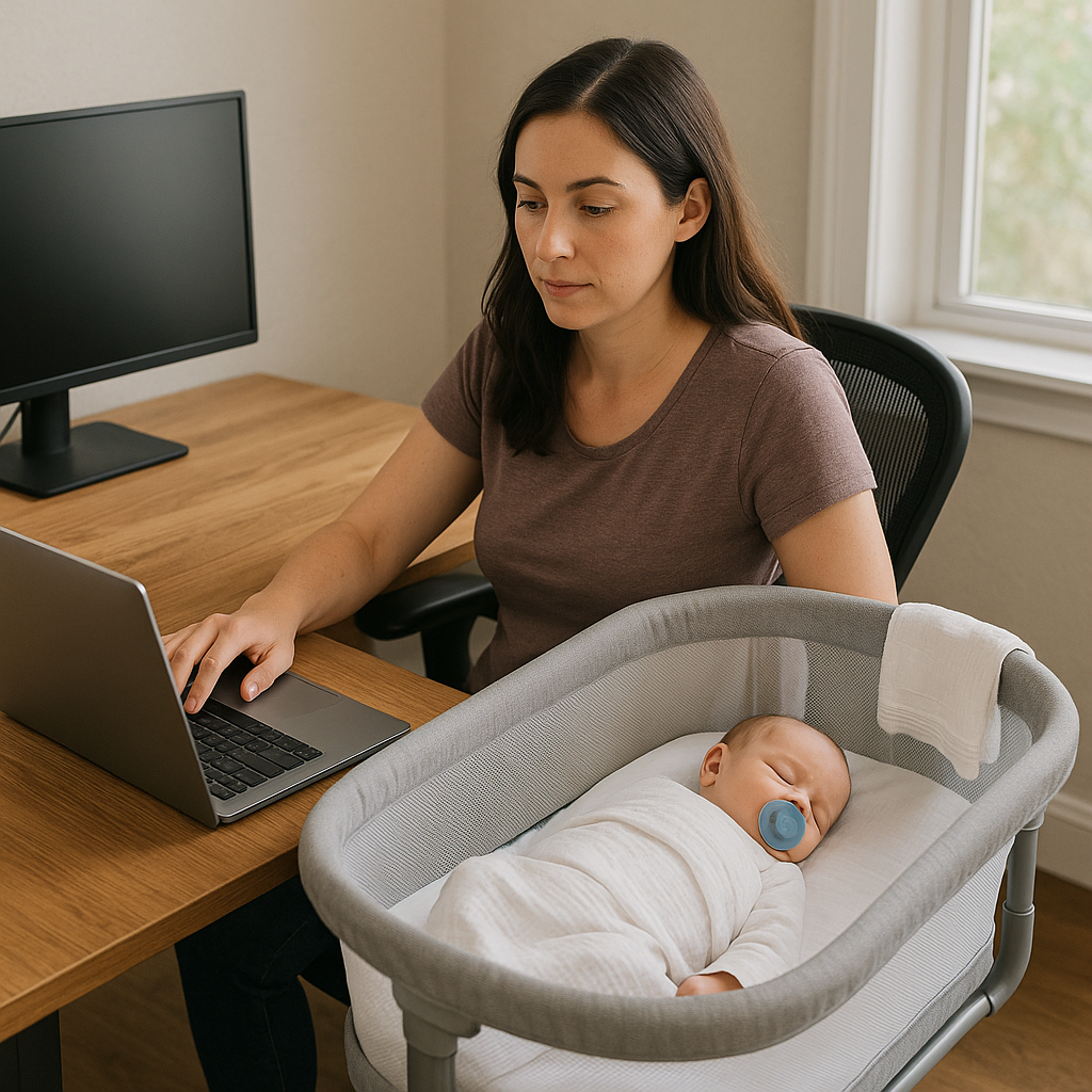 A rolling bassinet parked like a monitor, not a crib