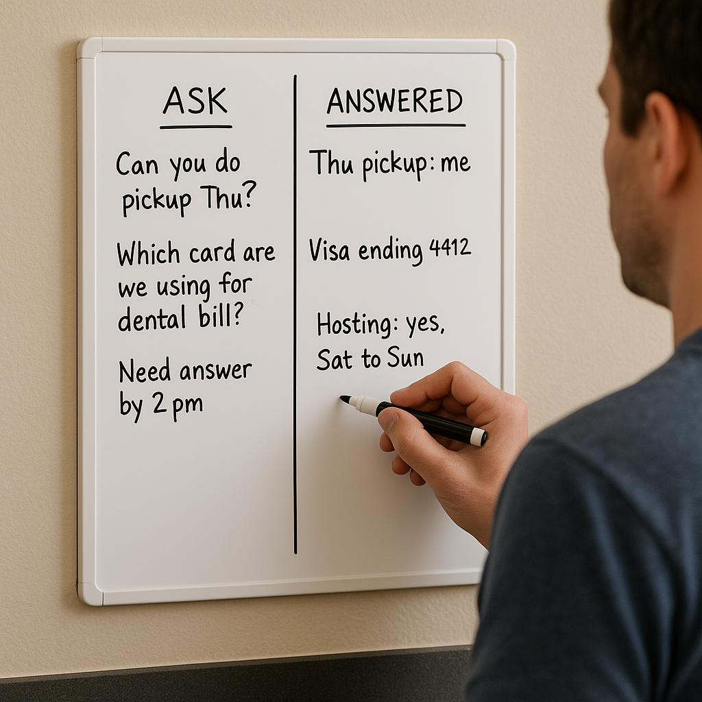 A two-column whiteboard: questions on the left, answers on the right