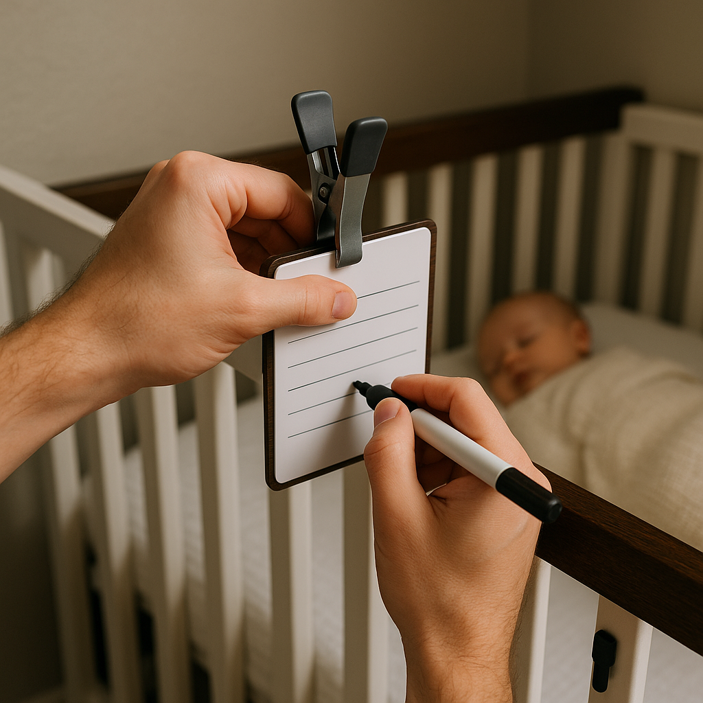 The dry-erase card that lives on the crib rail