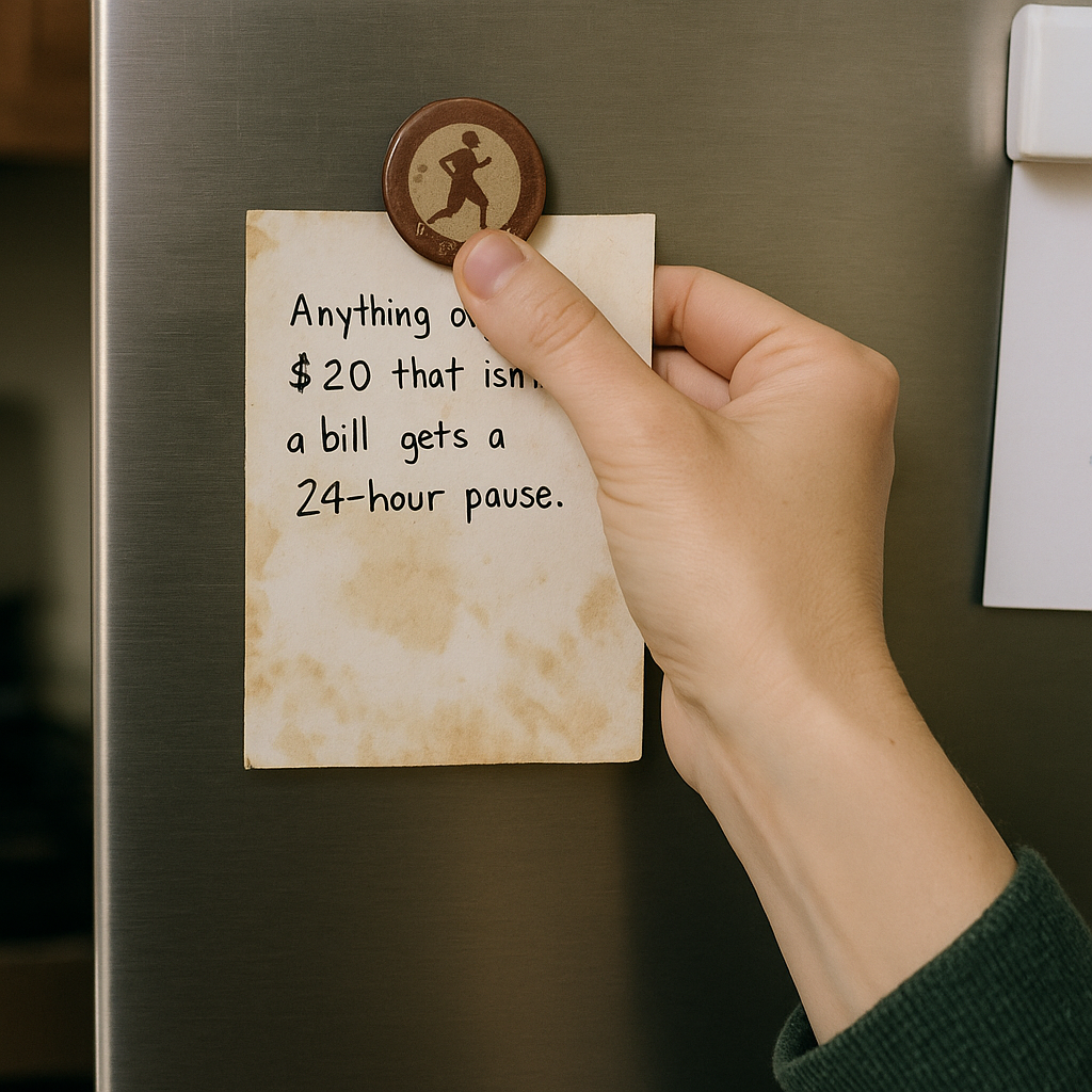 The $20 pause card on the fridge