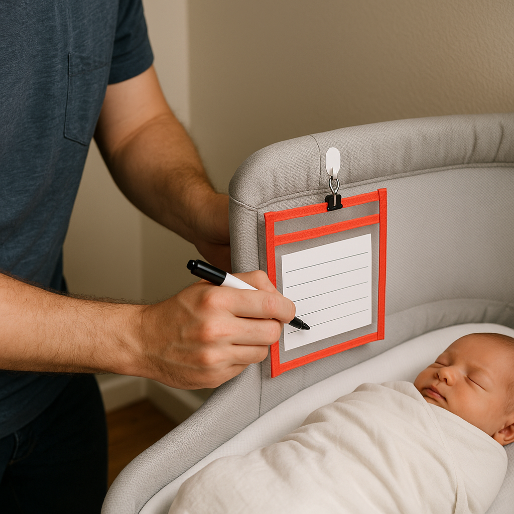 The dry-erase pocket by the bassinet