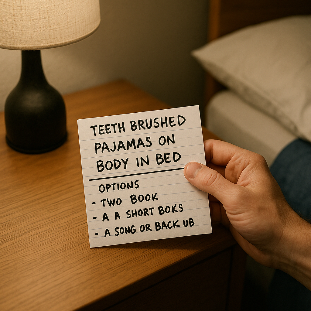 The nightstand index card with three non-negotiables