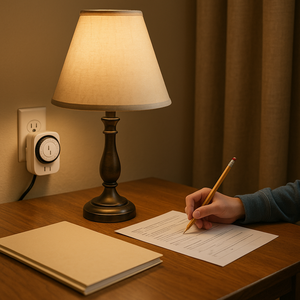 Use one lamp and a timer plug as the homework boundary