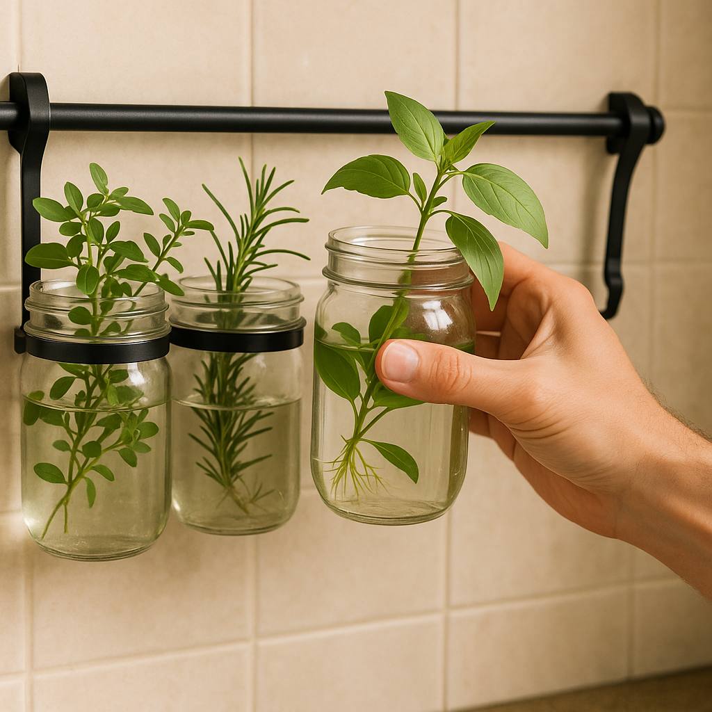 Mason jars on a rail: the no-soil vertical herb line