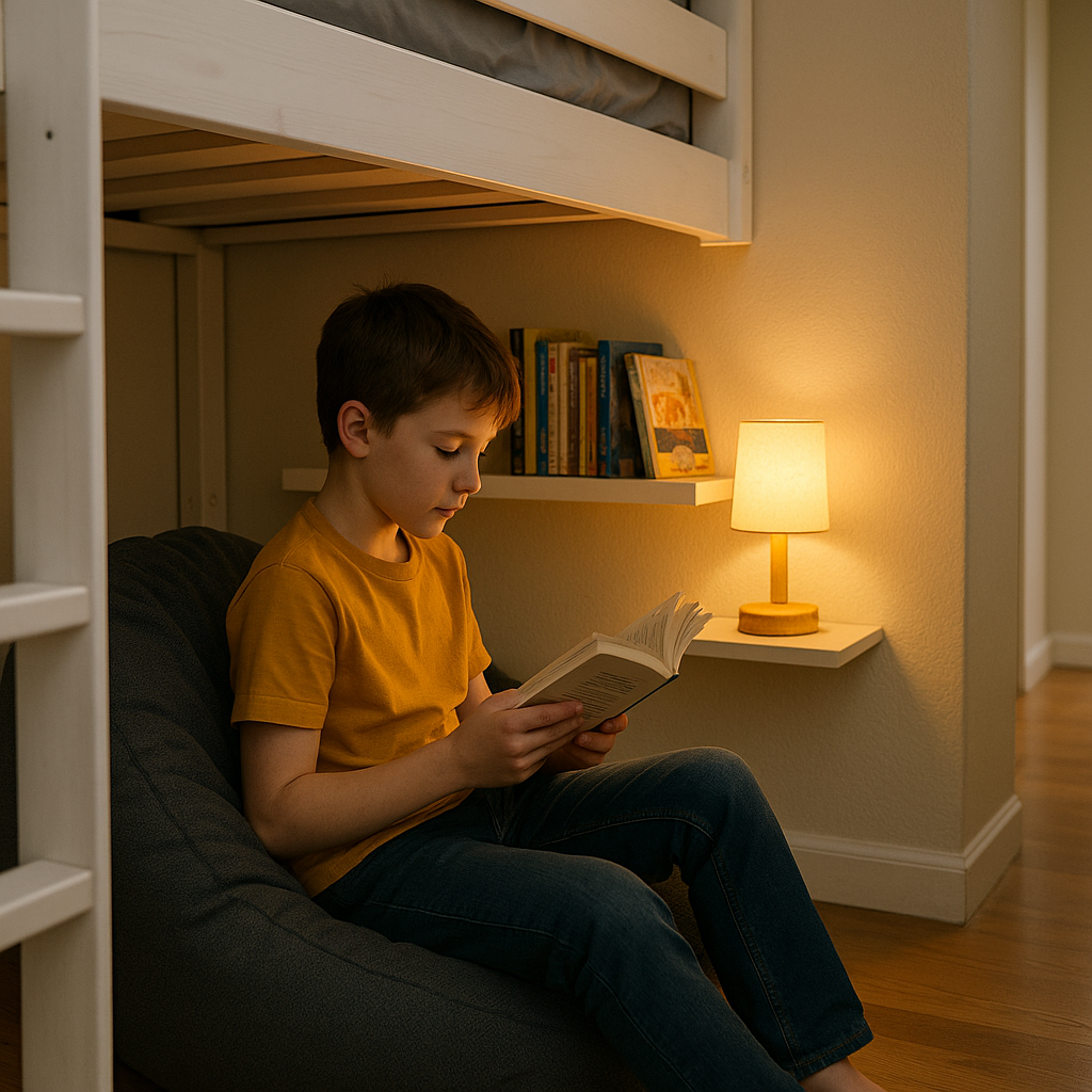 Claim a loft-bed pocket with a book ledge and a timer light