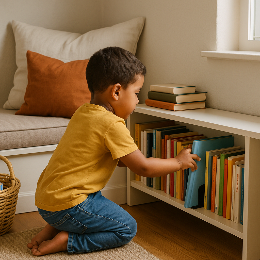 A low shelf that makes kids the librarian