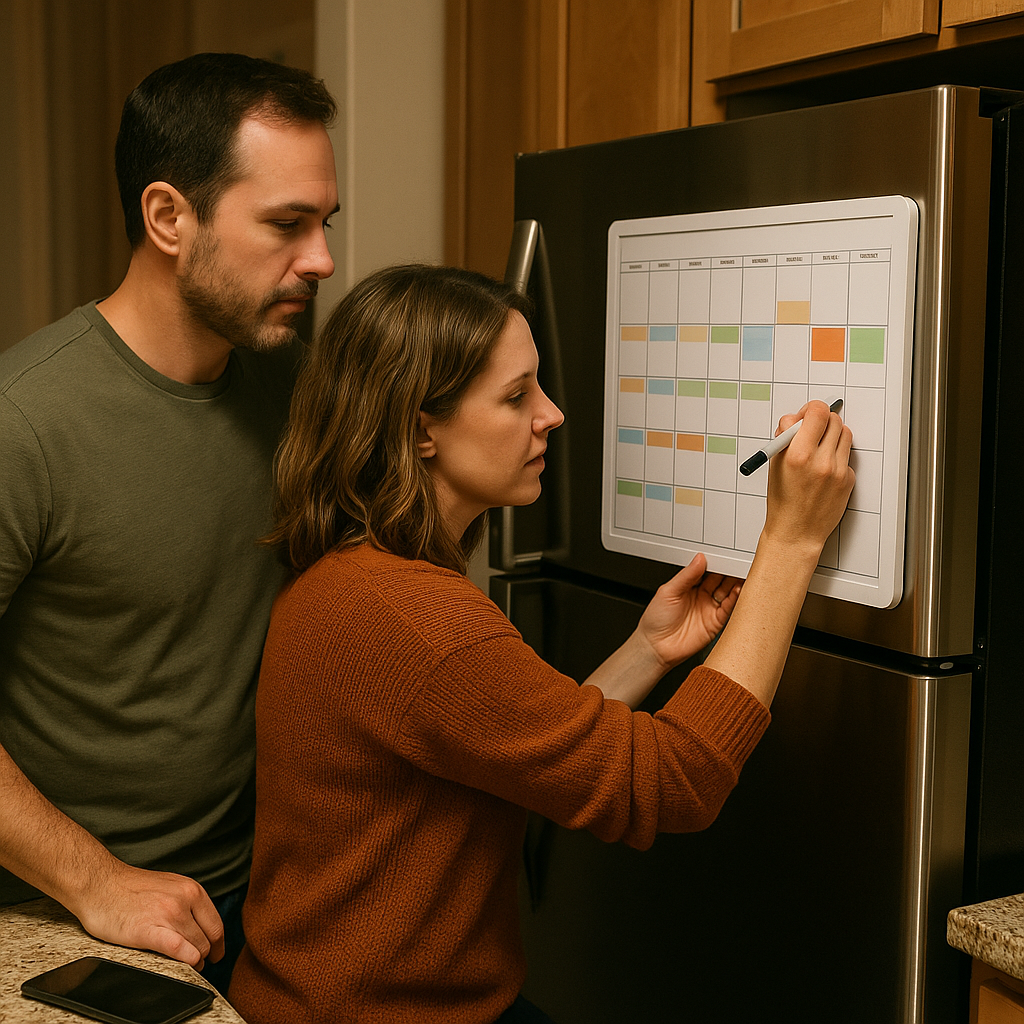 The fridge calendar summit (15 minutes, no kids listening)