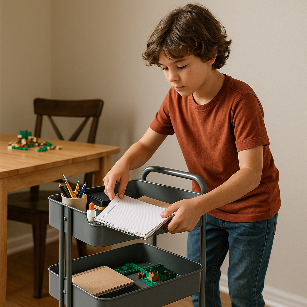 Make the surface switch fast: one cart per kid, not one mega-drawer